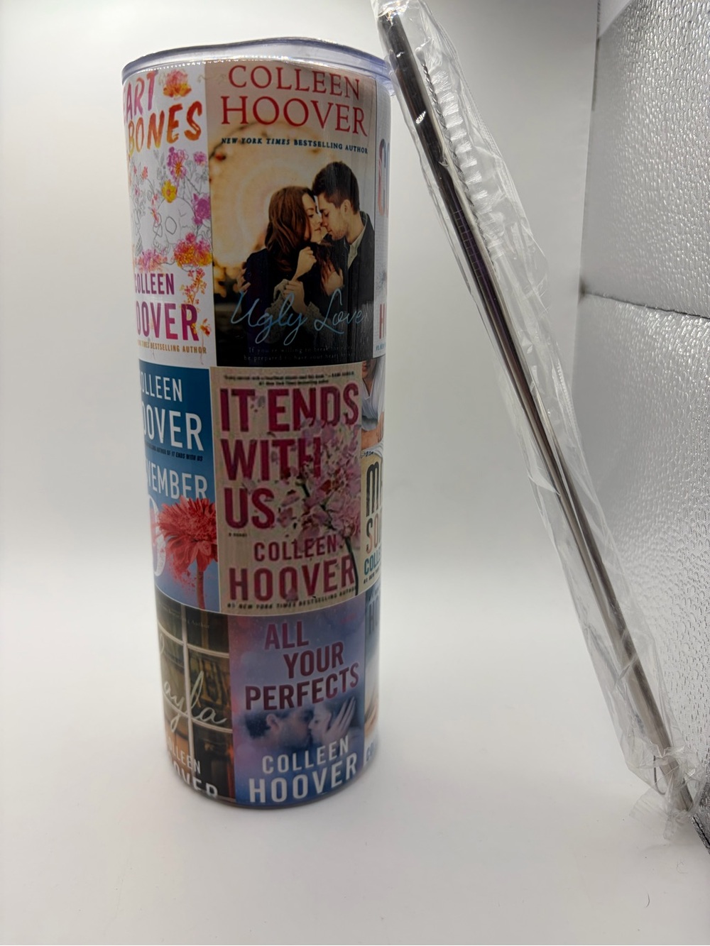 Colleen Hoover Book Cover Collage Tumbler - Pink, Blue, White - Picture 1 of 3